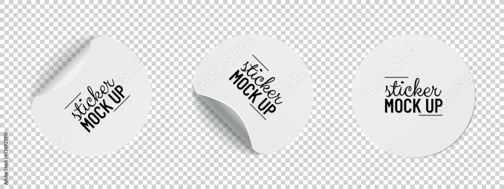 White Round Paper Adhesive Stickers Mock Up With Curved Corner And Shadow - Vector Illustrations Isolated On Transparent Background - obrazy, fototapety, plakaty 