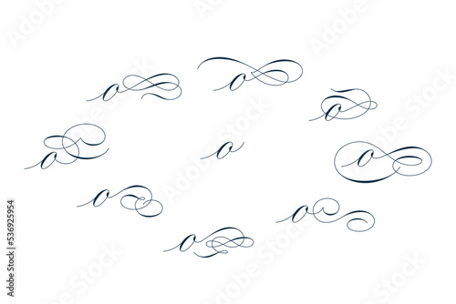 Set of beautiful calligraphic flourishes on letter o isolated on white background for decorating text and calligraphy on postcards or greetings cards. Vector illustration.
