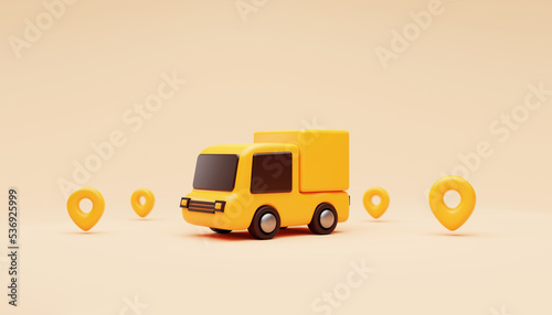 Delivery truck with location pin tracking shipping fast delivery car deliver express delivery transportation logistics concept background 3d rendering illustration