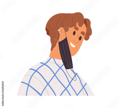 Modern person wearing medical face mask wrong, hanging on ear. Happy smiling young character portrait with positive excited expression, emotion. Flat vector illustration isolated on white background
