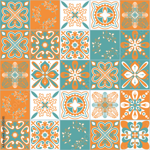 Azulejo talavera ceramic tiles, green orange seamless pattern vector illustration