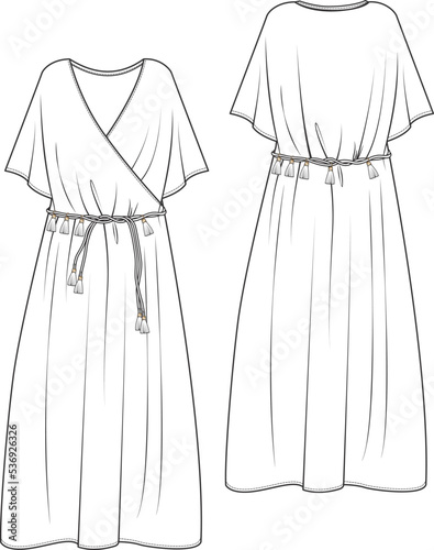 illustration of dress,knotting belt detail,	double-breasted 