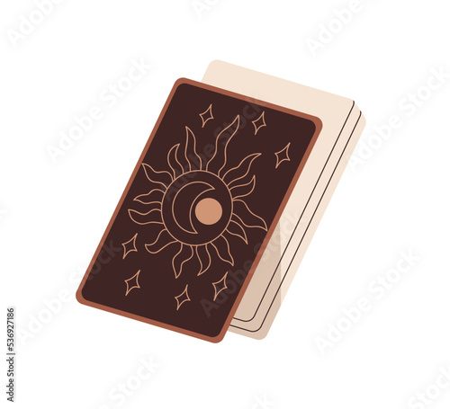 Esoteric tarot cards deck with magic occult sun, moon symbols, celestial signs of major arcana for divination, fortune telling, future prediction. Flat vector illustration isolated on white background