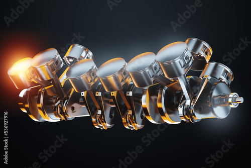 Photography Pistons, connecting rods and crankshaft of an internal combustion engine on a black background