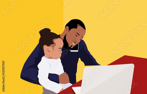 Flat illustration father and daughter, daddy and child with laptop.