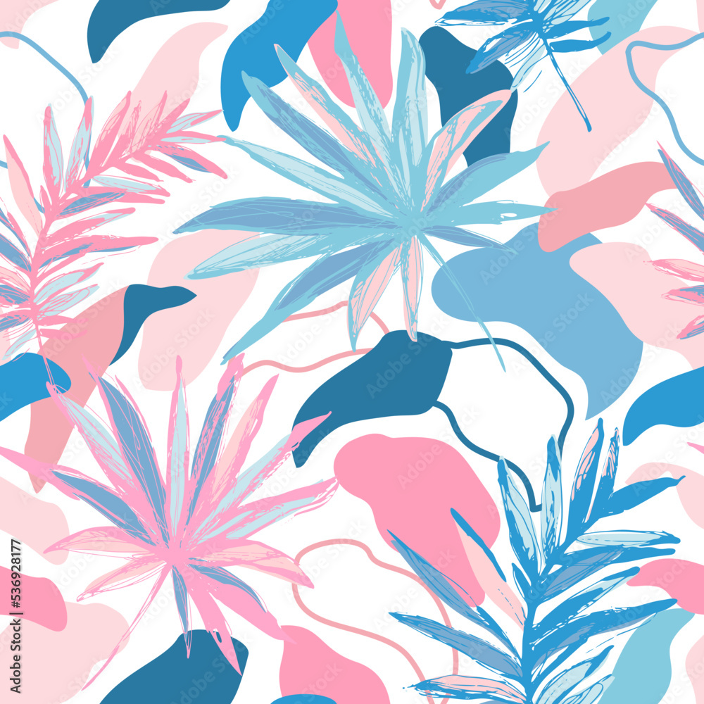 Naklejka premium Grunge tropical leaves sketch drawing on abstract foliage background. Collage art