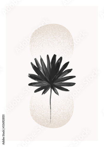 Modern illustration: tropical palm leaf, grunge textured circles