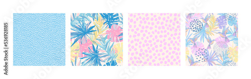 Flying exotic birds, palm, monstera leaves, minimal ink doodles seamless pattern set