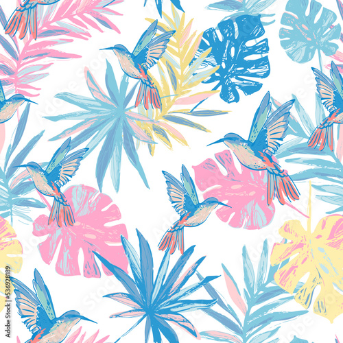 Flying exotic birds, palm, monstera leaves seamless pattern.