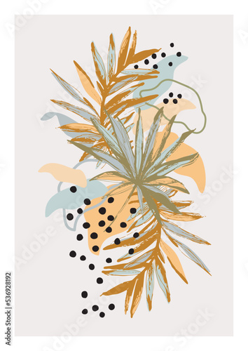 Grunge tropical leaves sketch drawing on abstract foliage background. Collage art