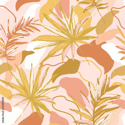 Grunge tropical leaves sketch drawing on abstract foliage background. Collage art