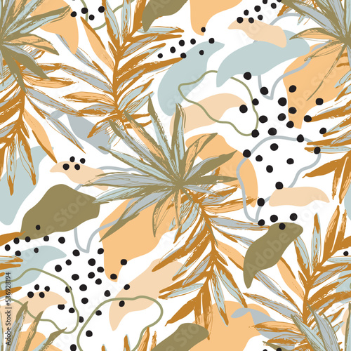 Grunge tropical leaves sketch drawing on abstract foliage background. Collage...