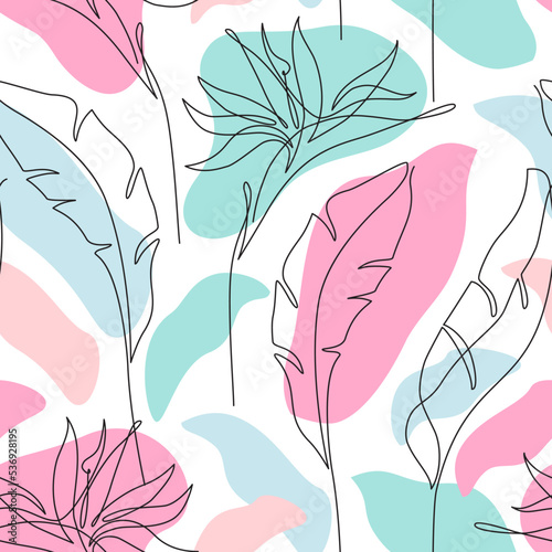 Geometric organic shapes, one line continuous tropical leaf, flower in minimal style.