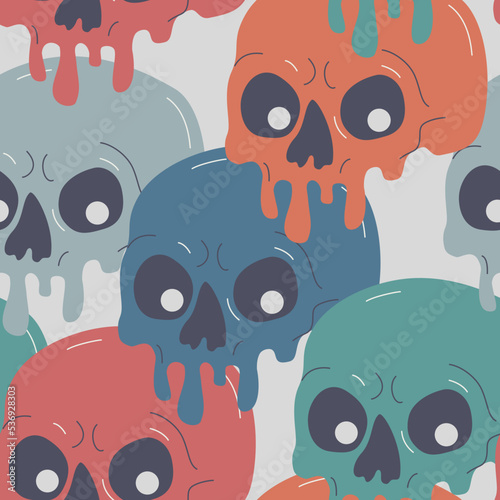 Psychedelic drippy paint skull seamless pattern. Acid abstract dead character in cartoon style on grey background