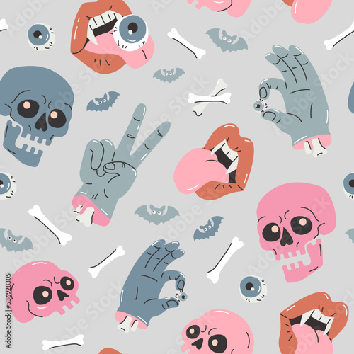 Cartoon funny skulls, bones, crossbone, monster zombie hands, vampire lips, bats seamless pattern. Halloween background