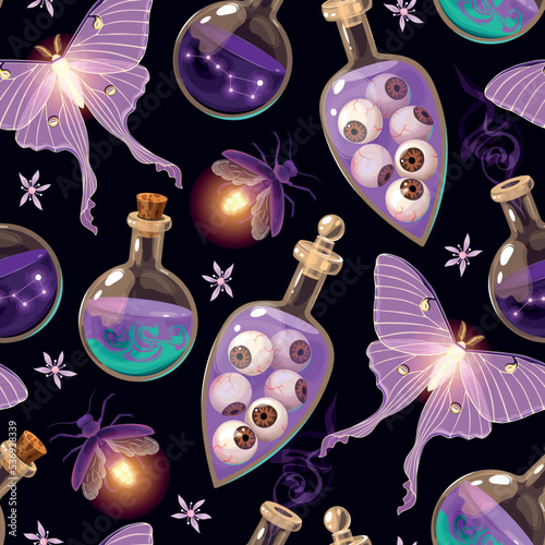 Magic seamless pattern with magic potion and moths