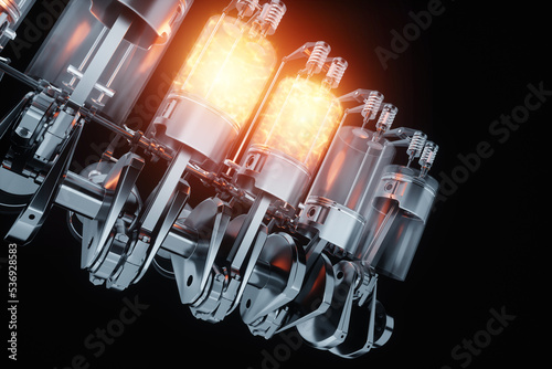 Fire in the engine cylinder, fuel ignition, the principle of operation of the internal combustion engine. Pistons, connecting rods and crankshaft. B-12, repair, car. 3D rendering, 3D illustration. photo