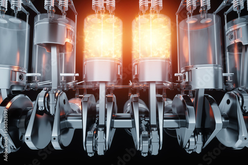Fire in the engine cylinder, fuel ignition, the principle of operation of the internal combustion engine. Pistons, connecting rods and crankshaft. B-12, repair, car. 3D rendering, 3D illustration. photo