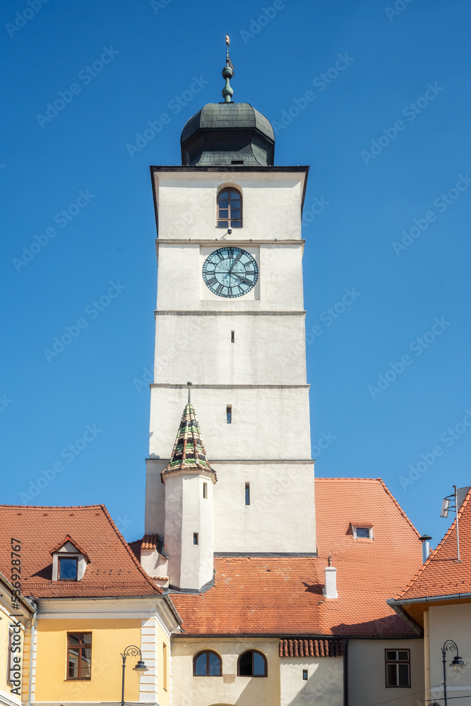 The Council Tower (Turnul Sfatului) towards clear blue sky in the old city center of Sibiu, in Transylvania (Transilvania) region of Romania