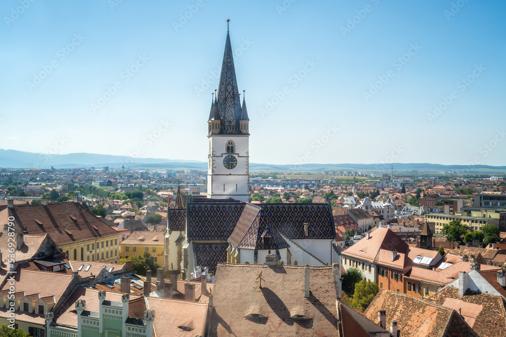 Panoramic view of Sibiu city, Romania with the Evangelical Cathedral of Saint Mary