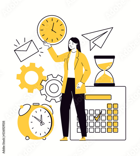Concept of business person managing time effectively. Work in  office, with calls, mail, organization of labor processes, prompt solution of tasks, difficulties, problems, planning. Vector illustratio