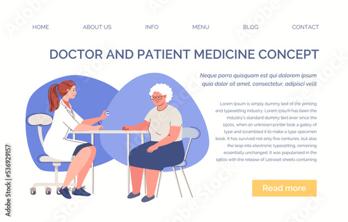 Geriatric doctor prescribes medicine to old woman. Health Center. Nursing care of elderly patient. Website, template, landing page. Vector characters flat cartoon illustration.