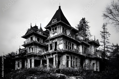 A creepy  crumbling haunted house. 