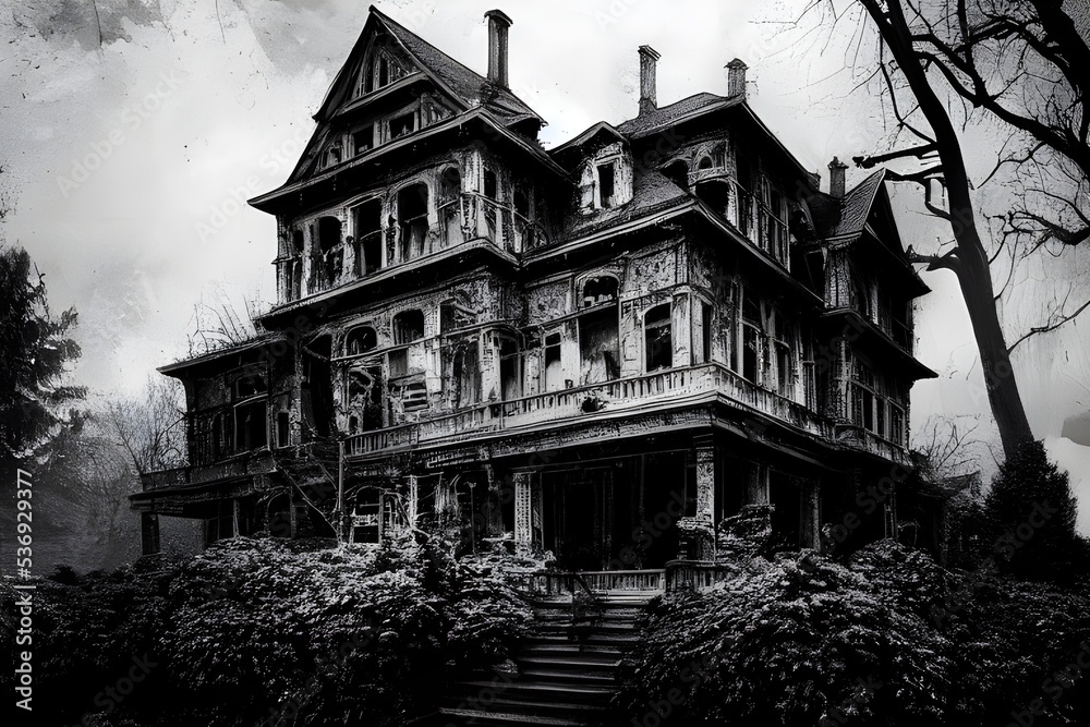 Obraz premium A creepy, crumbling haunted house. 