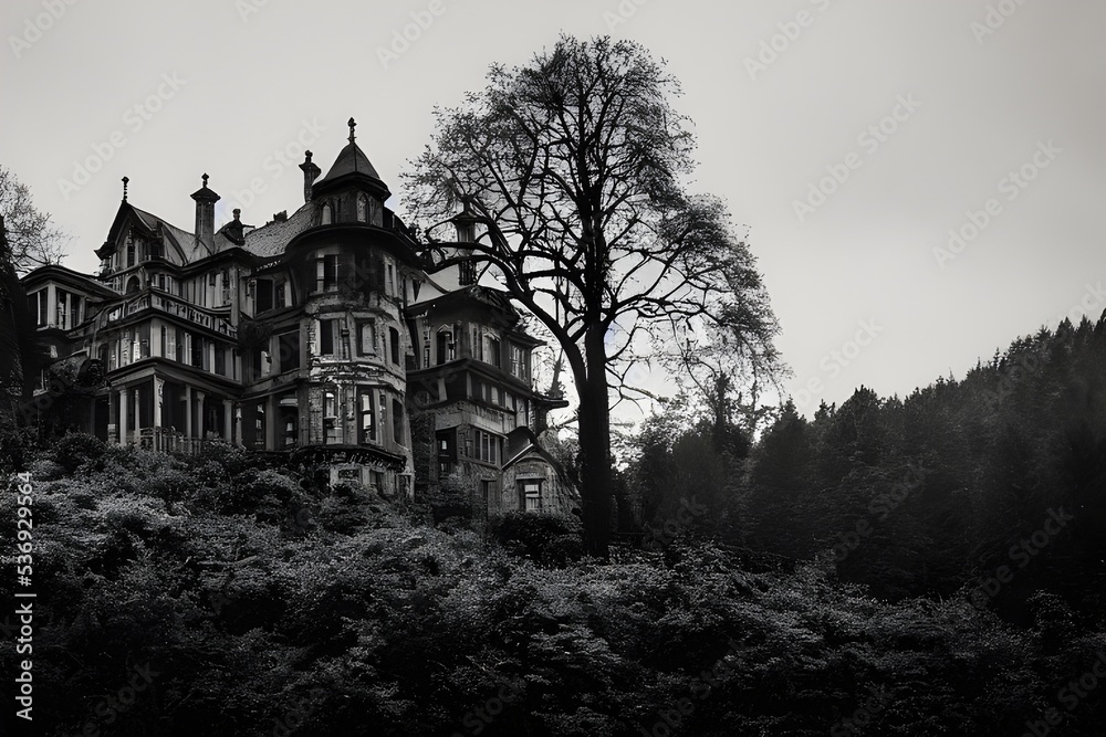 A creepy, crumbling haunted house.