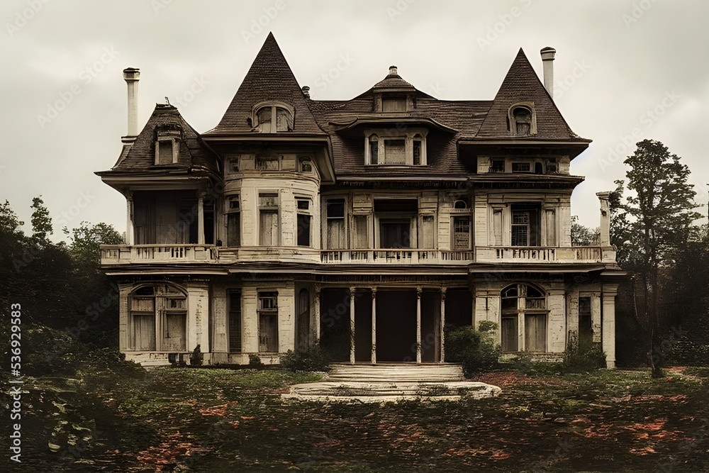 A creepy, crumbling haunted house.