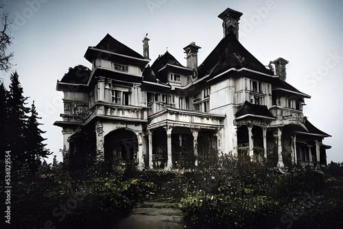 A creepy  crumbling haunted house.