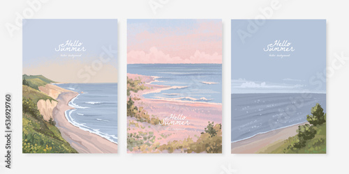 Set of hand drawn vector landscape background. Beautiful illustration of summer beach, field and hills. Summer holidays poster or banner design template