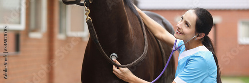 Woman veterinarian listens to horse heartbeat with stethoscope
