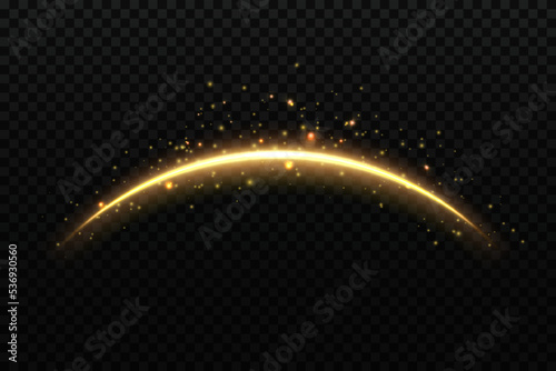 Golden magic arch with sparkles. Firework flash, energy flare arch realistic backdrop, golden magic light ray vector trace. Star shine wave or line realistic background with glowing sparkle, particles