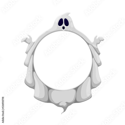 Halloween cartoon ghost frame. Creepy spirit of dead, isolated flying scary ghost character vector border, Halloween circle frame or autumn holiday greeting card horror backdrop