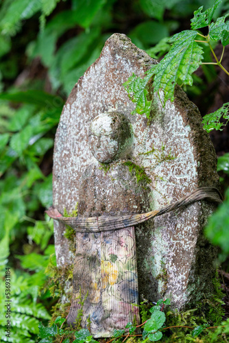 stone statue in Yamadera (temple) where Matsuo Basho made some poems (Haiku) photo