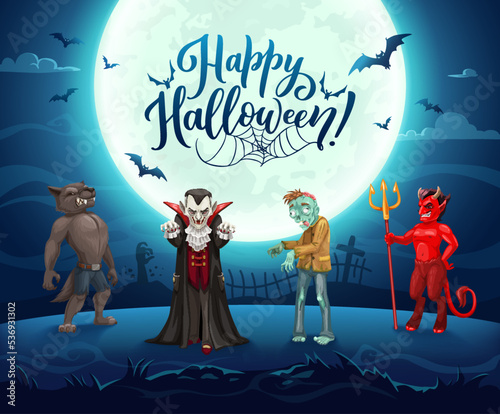 Halloween characters. Night holiday landscape. Angry werewolf, scary Dracula vampire and creepy zombie, evil devil or hell demon with trident on night cemetery. Halloween celebration vector background