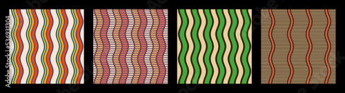 Set of four seamless african fashion vector patterns with regularly repeating wavy lines, stripes. Pastel colors. Color illustrations.