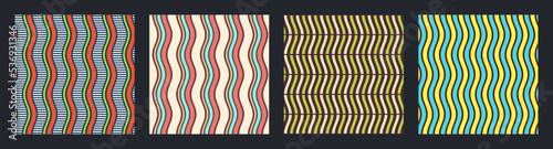 Set of four seamless african fashion vector patterns with regularly repeating wavy lines, stripes. Pastel colors. Color seamless background.