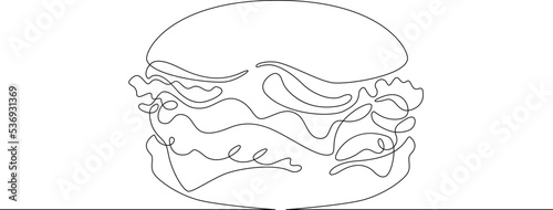 One continuous line. Fast food. Hamburger. Sandwich.Burger with meat. One continuous line is drawn on a white background.