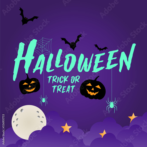 Happy Halloween banner or party invitation background with night clouds and pumpkins. Vector illustration. Full moon in the sky, spiders web and flying bats. Place for text