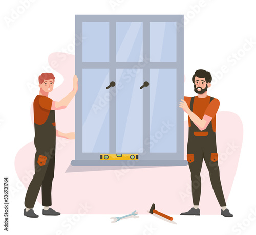 ad, advertisement, banner, cartoon, casings, character, company, energy-efficient, engineer, fixing, flat, frame, full-frame, glass, hammer, home, house, illustration, installation, insulation, jamb, 