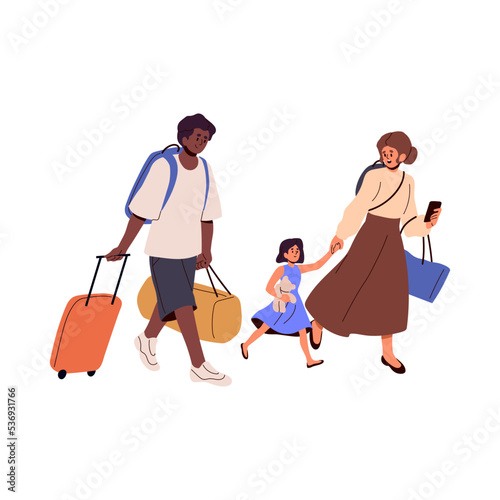 Family with kid going with luggage, bags. Parents and child tourists travel, walking with baggage, suitcases. Passengers, mother, father and girl. Flat vector illustration isolated on white background