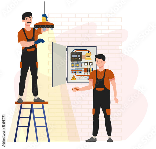 Two electricians hanging the lamp and repairing wire and conductors in the breaker box. Electricity services, electrical works. Energy-efficient lamp. Advertisement, banner. Flat vector illustration.