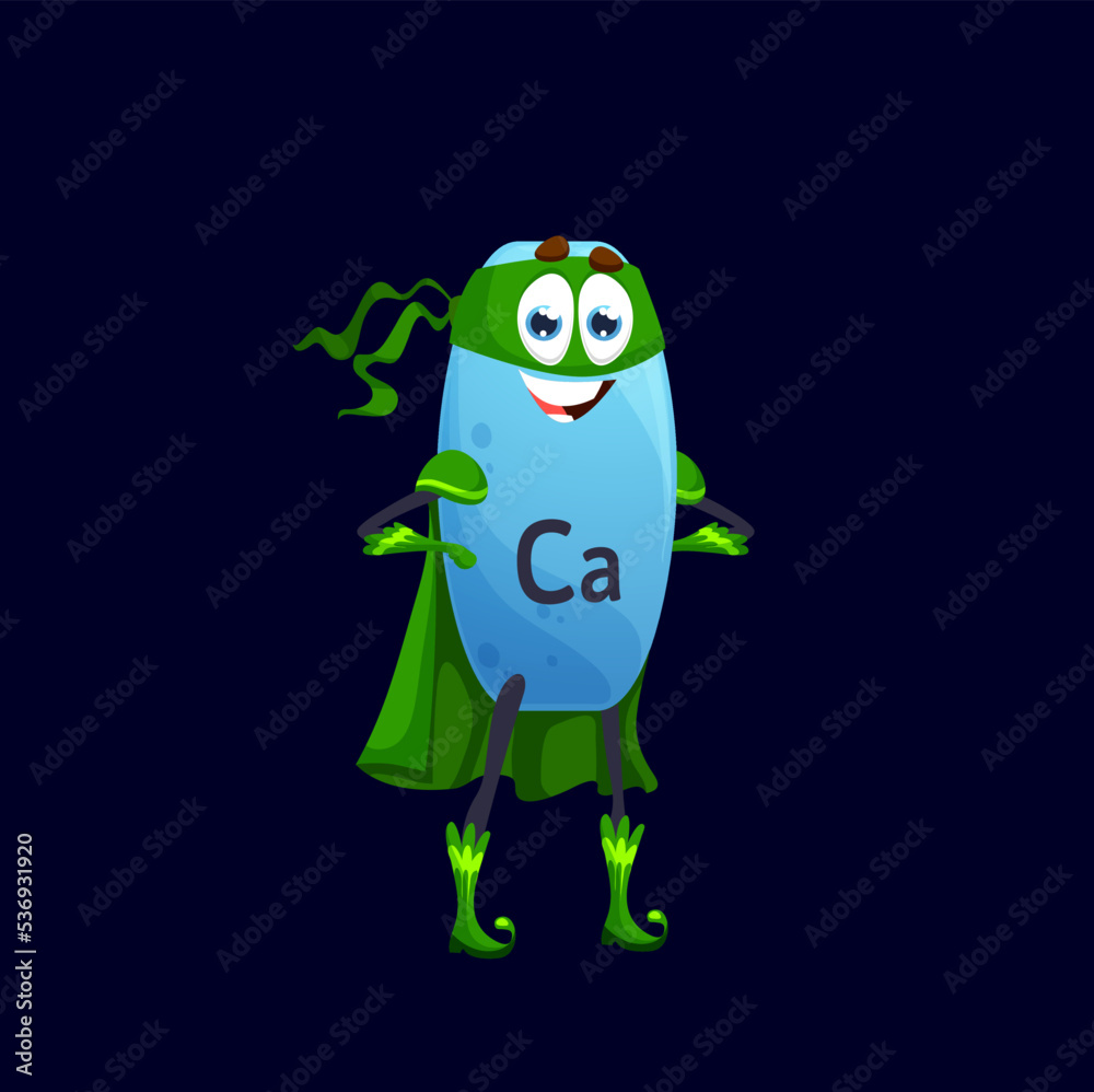 Cartoon calcium superhero micronutrient character. Isolated vector funny Ca fairytale nutrient defender personage. Mineral bubble in green super hero cloak and mask, comic food supplement capsule Cartoon calcium superhero micronutrient character. Isolated vector funny Ca fairytale nutrient defender personage. Mineral bubble in green super hero cloak and mask, comic food supplement capsule