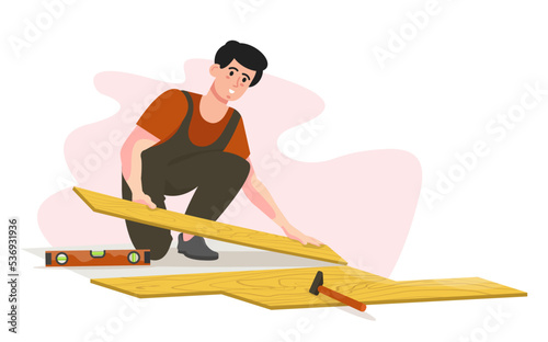 Worker installing floor, parquet, laminate.  Flooring renovation, repair works. Master professional service. Advertisement, banner. Flat vector illustration