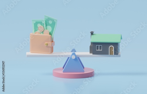 House and waller full of money on balanced seesaw, monthly house loan installment, management of income to suit with residential payment or expense concept, 3d render illustration.
