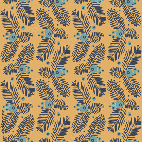 Tropical seamless pattern with palm leaves on yellow background, vector illustration for textile and decoration © OlgaKorica