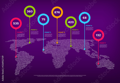World map infographic with pointers. Country landmark marker, travel data, information visualization or vector infographics chart. Worldwide location, international communication, connection graph