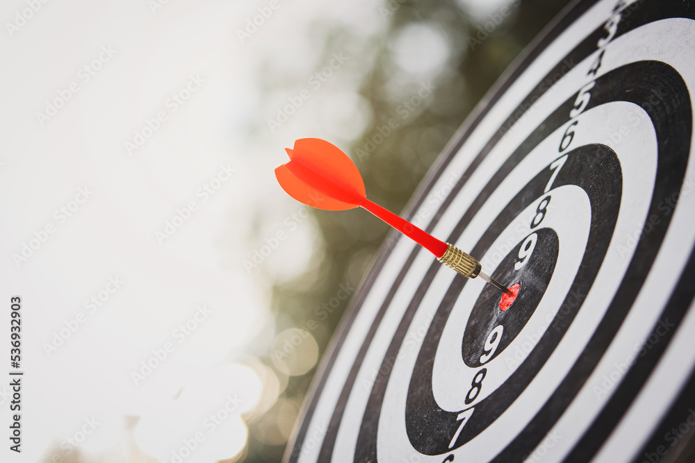 dart arrow hitting in bullseye center of dartboard. concept of business targeting and aim for business success dart arrow hitting in bullseye center of dartboard. concept of business targeting and aim for business success
